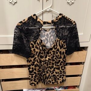 SHEIN Animal Print Blouse with Black Lace